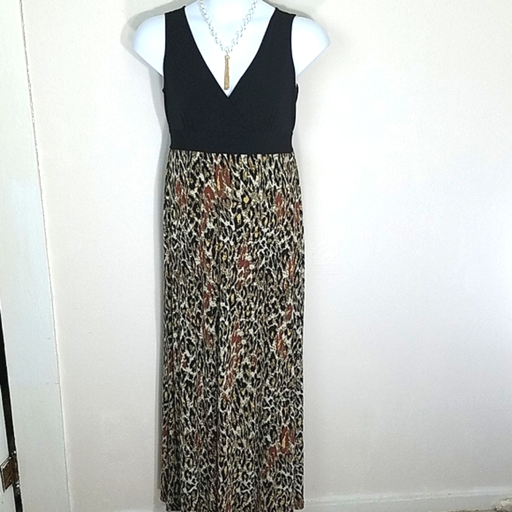 Dress Maxi v neck animal leopard print stretch black brown Contrast Whimsigoth